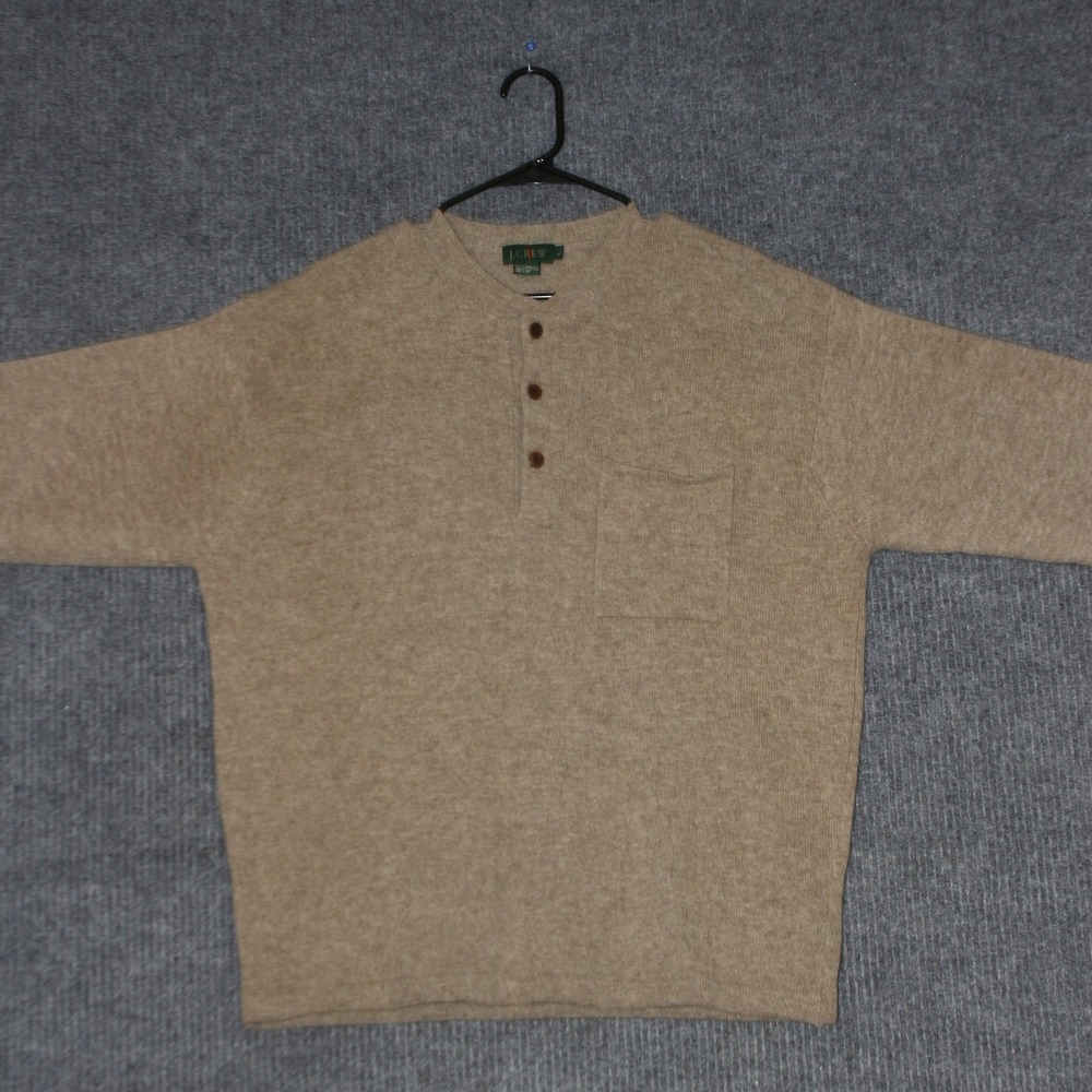 Vintage J Crew Oarsman Sweater Mens L Tan Lambswool Henley Pocket Casual Warm